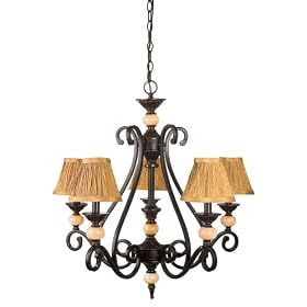 Globe Espresso Five-Light Chandelier, Ebony with Pleated Gold Shades #6121