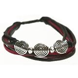 Silvertone Swirl Bead Red and Brown Leather Zen Bracelet, 6 to 9 Inch Bracelet (Foil Gift Box)