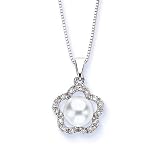 14k White Gold Diamond and Pearl Flower Pendant, 18