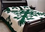 100% Cotton Fine Quality Needle Point Stitched Hawaiian Quilt (Q) (GREEN) (Y26)