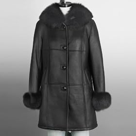 BGSD WoMens Shearling Swing Coat with Fox Fur Trim by Luxury Lane