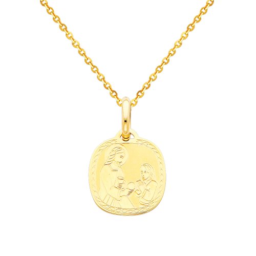 14K Yellow Gold Religious Communion Charm Pendant with Yellow Gold 1.2mm Side Diamond-cut Rolo Cable Chain Necklace with Spring-ring Clasp - Pendant Necklace Combination (Different Chain Lengths Available)