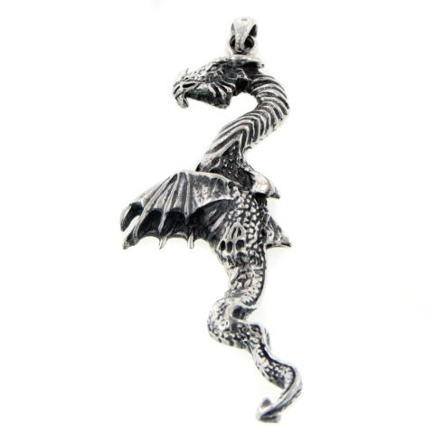 Sterling Silver Long Snake-Like Medieval Serpent Dragon Pendant
