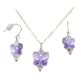 Swarovski Crystal Lavender Violet Purple Butterfly Childs Necklace and Earring Set Sterling Silver