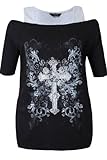 Yoursclothing Womens Plus Size Short Sleeve Bardot Top With Silver Foil Cross Pr Size 22-24 Black
