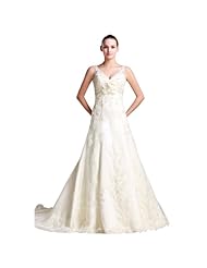 A-line V-neck Full Length Applique Beaded Lace Polyester Sleeveless Wedding Dress  with a Court Train 