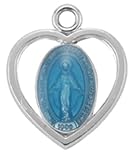 Mini Sterling Silver Blue Enameled Heart Shaped Miraculous Medal First Communion Gift Pendant