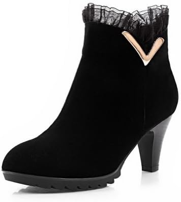 QueenFashion Women's Close Round Toe Metal Ornament Solid Chunky Heels Frosting Leather, Cow Skull Patch and Lace Ankle High Boots with Zippers,Black,35