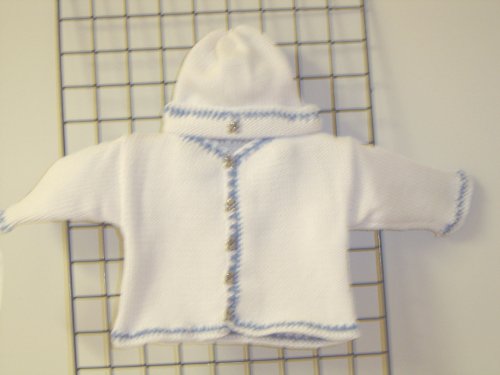 Ck673bk, Knitted on Hand Knitting Machine Bleached White Cardigan Sweater, Hat Trimmed By Hand Crochet with Denim Cotton, and Blanket for Newborns and Infants.