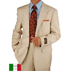 Italian Valenti Beige Mens Suits Two Button 2 Pc Made in Italy Worsted Wool 150's Hand Made Canvas Front Jacket + Flat Front Pants Business Suit