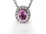 14K White Gold 16 Cable-Chain Oval-Shape Pink-Sapphire Semi-Precious Stone Necklace, Set with a Sliding Pendant, Surrounded by Pave Set Diamonds.