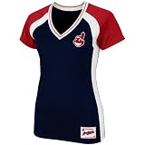 MLB Women's Cleveland Indians Opal Short Sleeve Raglan Deep V-Neck Synthetic Tee (Athletic Navy/Athletic Red/White/Athletic Red, Medium)