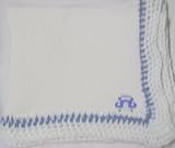 Knitted on Hand Knitting Machine White Cotton Hand Crochet Finished with Denim Cotton White Rayon Chenille Infant Boys Large Blanket Size 32 By 45 Inches Trimmed with Blue Race Car