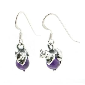Sterling Silver FERRET Mink on Amethyst Charm Earrings