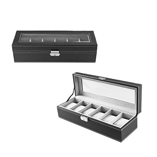 Black Wooden Faux Leather Watch Storage Box Display Case & Key Lock for Home Decoration by Super Z Outlet