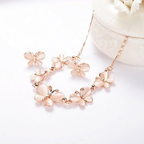 Viennois Cute Cat's Eye Stone 5 Butterfly Cluster Choker Necklace and Earrings Set