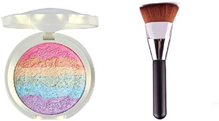 Baked Prism Rainbow Shimmer Bronzer Highlighter Blusher Eyeshadow Powder 3 in 1 Makeup Palette with Professional Blending Flat Contour Blush Brush Face Foundation Makeup Brush