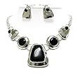 Ethnic Style Jet Black Stone and Hammered Metal Necklace and Earrings Set Fashion Jewelry