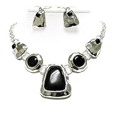 Ethnic Style Jet Black Stone and Hammered Metal Necklace and Earrings Set Fashion Jewelry