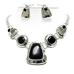 Ethnic Style Jet Black Stone and Hammered Metal Necklace and Earrings Set Fashion Jewelry