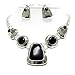 Ethnic Style Jet Black Stone and Hammered Metal Necklace and Earrings Set Fashion Jewelry