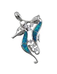 925 Silver Rhodium Blue Opal Double Seahorse Pendant Hawaiian Silver Jewelry