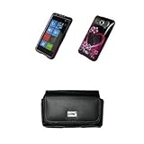 IMAGE OF EMPIRE Black Leather Case Pouch with Belt Clip and Belt Loops + Purple Heart Flowers Design Snap-On Cover Case for T-Mobile HTC HD7