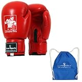 Genuine Cowhide Leather Boxing Gloves Professional Martial Arts Sparring Gloves, Red, 12 oz with Free Parachute Goody Bag Blue