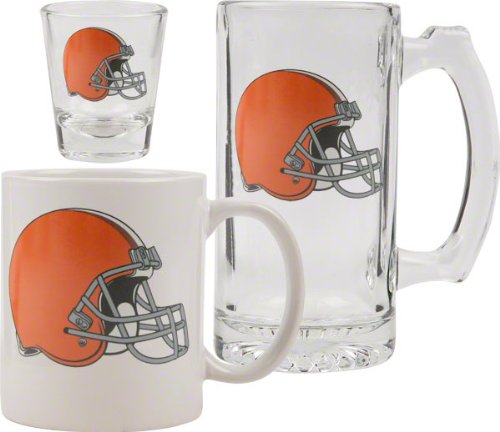 Cleveland Browns Glassware Set: 3D Logo Tankard, Coffee Mug, Shot Glass