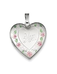 Sterling Silver 24mm Enameled, Diamond-Cut Mom Heart Locket