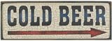 Cold Beer w/Arrow Wood Rustic Sign - Left-Crackle Creme Board-Navy Blue Letters-Frame