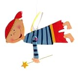 Blue jumping boy guardian angel on a spring with yellow wand