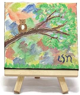 'A Mini Hoot' is a little owl on a branch on an abstract background in acrylics on a miniature canvas with a wooden display easel.
