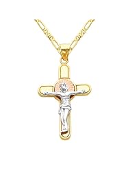 14K 3 Tri-color Gold Jesus Cross Religious Charm Pendant with Yellow Gold 2mm Figaro Chain Necklace with Lobster Claw Clasp - Pendant Necklace Combination (Different Chain Lengths Available)