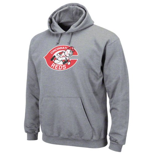 Cincinnati Reds Sweatshirt: Majestic Steel Heather Cooperstown Tek Patch Hooded Sweatshirt