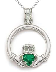 14kt White Gold Medium Claddagh Pendant with Simulated Emerald - Chain Included
