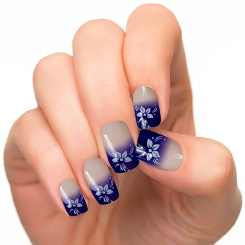 Buyinhouse Lady Girl Nailart Tools 24pcs/set Pre Design Acrylic Nail Tips False French Full Nails Art Free Glue Blue Flower Style Model#JQ149