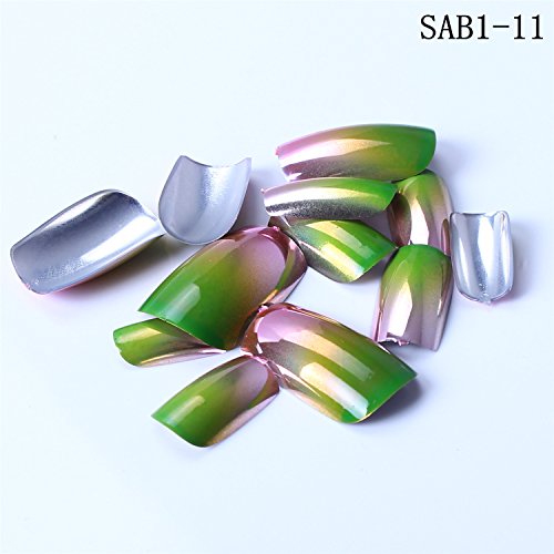 ECBASKET 24 Pcs +1 Pcs Free Glue Full Cover Pink & Changing Green Colors Pre-design French Artificial Tips for ladies