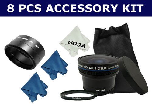 8 Pcs. Kit For PANASONIC FZ18 includes: 0.18x Wide Angle with Macro Portion + 1 Ring Adapter (52mm-58mm) + 1 Protective Case + 2 Caps (Front and Back) + Adapter Tube + 2 Microfiber Cleaning Cloth +1 Ultra Fine Microfiber Cleaning Cloth GOJA Logo
