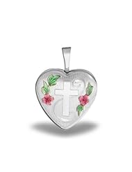 Sterling Silver "Cross with Enamel Flowers " Heart Locket 1/2 inch x 1/2 inch