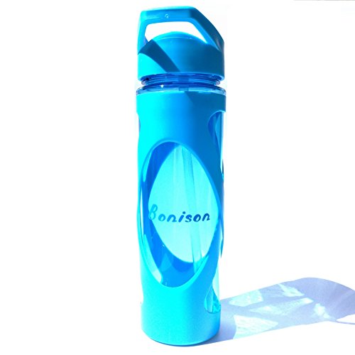 19 oz Newest Design Sports Tritan Plastic Water Bottle Straw Lid Leak Proof Flip Top Cap Portable To-Go with Handle and Cleaning Brush - Blue, Green, & Hot Pink with spout