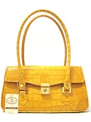 L.A.P.A. Italian Designer Croc Embossed Yellow Leather Handbag Purse Shoulder Bag Flap Bag