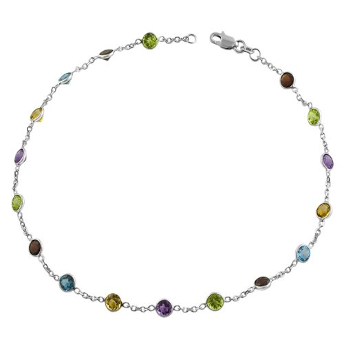 4 Cttw Multi-Gemstone 14 Karat White Gold 10 Inch Station Anklet