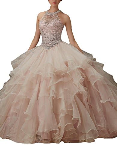 Lilybridal Women's Halter Crystal Layered Ball Gown Prom Quinceanera Dress Long Champagne US6