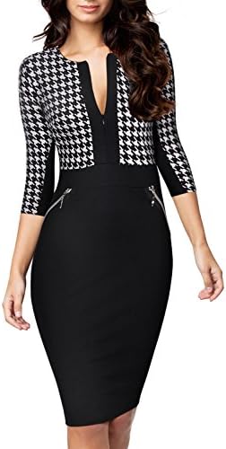 Mori Lady Formal Houndstooth-print Optical Illusion 2/3 Sleeve Business Dress S Black
