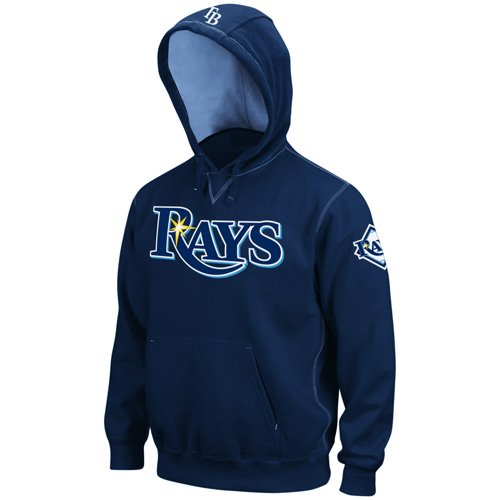 MLB Tampa Bay Rays Long Sleeve Hooded Fleece Pull Over (Athletic Navy/Coastal Blue, Large)