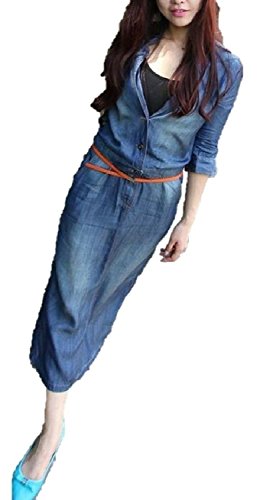 シャンディニー(Chandeny) ヴィンテージ ウォッシュ 加工 ！ ベルト 付 薄手 七分袖 テーラード タンガリー 風 デニム ロング ワンピース / 大人 カジュアル レディース ファッション / デニム ブルー / S M L XL 大きい サイズ あります！