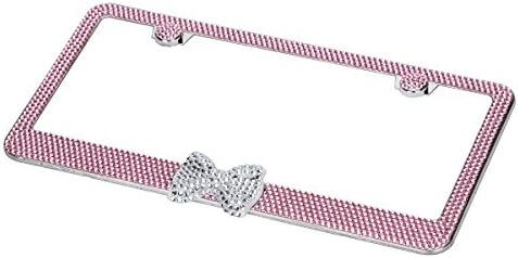 YOWOO 10 Rows Handmade Sparkle Rhinestones Bling License Plate Frame Kit with Bow And 2 Holes Plate Holder As Gift For Yourself - Premium Quality Stainless Steel Frame (1 Piece), Pink