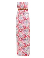 Belted Floral Print Bandeau Neck Viscose Spring Summer Maxi Dress 