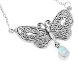 Sterling Silver Celtic Knot Filigree Butterfly with Genuine Rainbow Moonstone Drop 17 Necklace